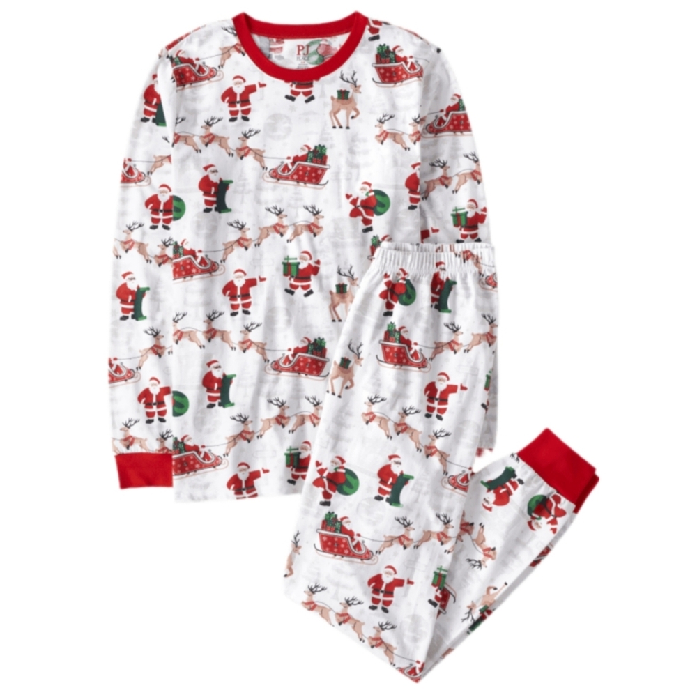 Childrens Place Adult Pajama Set 2 Piece Top Pants Christmas PJs White Santa